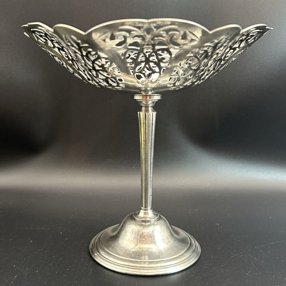 VTG International Silver Lovelace Pierced Compote Pedestal Candy Dish Bowl 3013